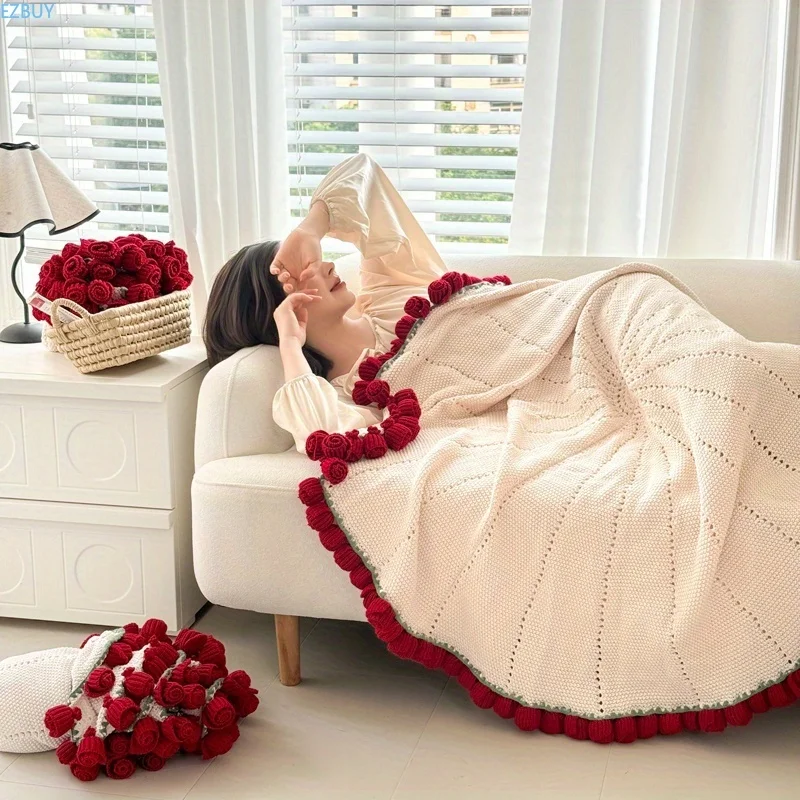 1pc of Red Rose Blanket Throw Blanket Office Nap Sofa Blanket Cushion Gift for Girlfriend Valentine's Day Gift Birthday Present