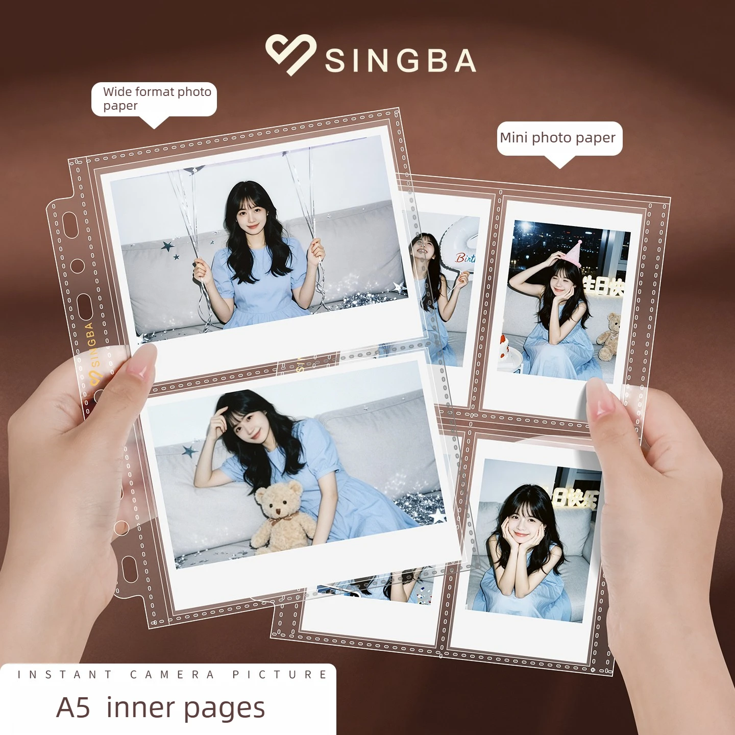 SINGBA 10Pcs A5 Photo Album Refill Pages, Ultra Clear Matte Photo Sleeves for Instax Mini & Polaroid Standard Photo Storage