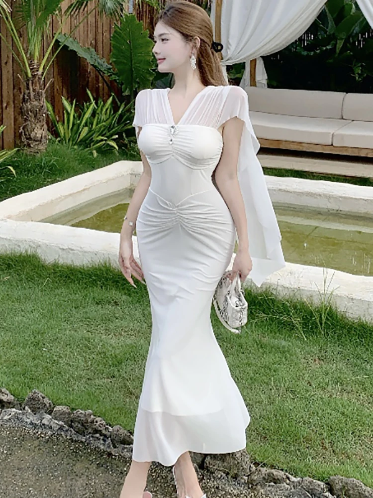 Été blanc maille plissée moulante à volants longue robe femmes col en v pure robe Sexy 2025 coréen Vintage luxe fête robe de nuit