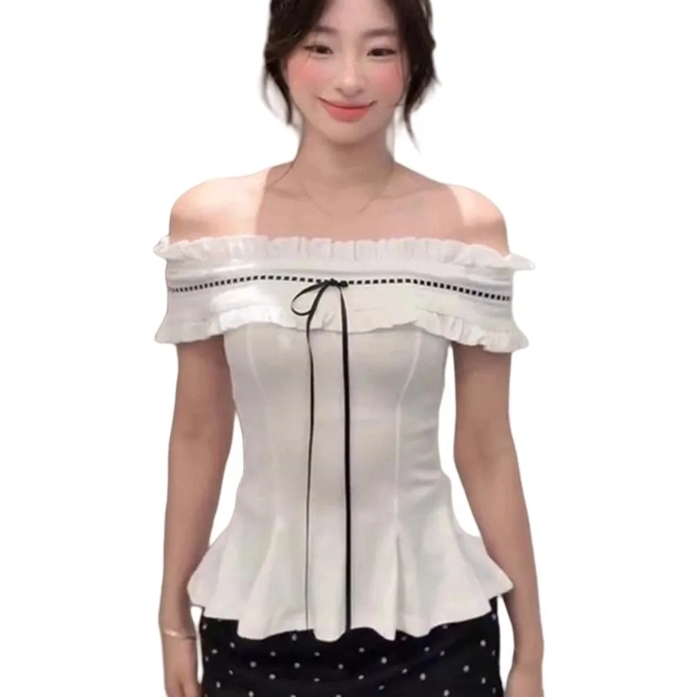 

White Off-shoulder Ruffle Shirt Korean Y2K Ins Lace-up Cute Bow Ruffle Shirt Tops Pleated Collar Slimming Slim Fit Crop Tops