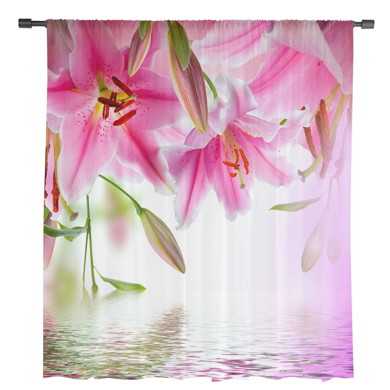 Pink Lily Flower Reflection Water WaveTulle Curtains For Living Room Modern Yarn Voile Window Drapes Sheer for the Bedroom