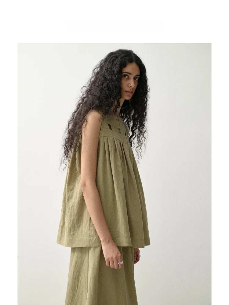 Leonora Yang Original Design Hollow out Linen Rayon Fiber Sleeveless Vest Women Summer Loose Fit Outerwear Pure Color