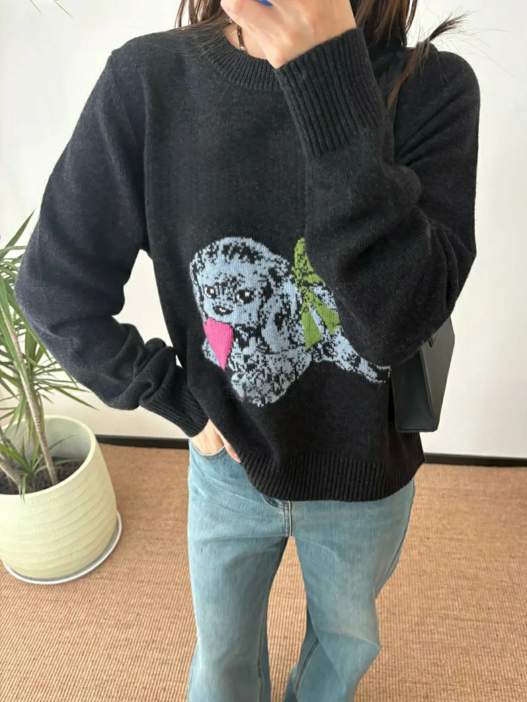 

Осень-зима женский вязаный свитер Long Sve с мультяшным принтом собаки, мягкая шерсть, повседневный круглый топ свободного покроя