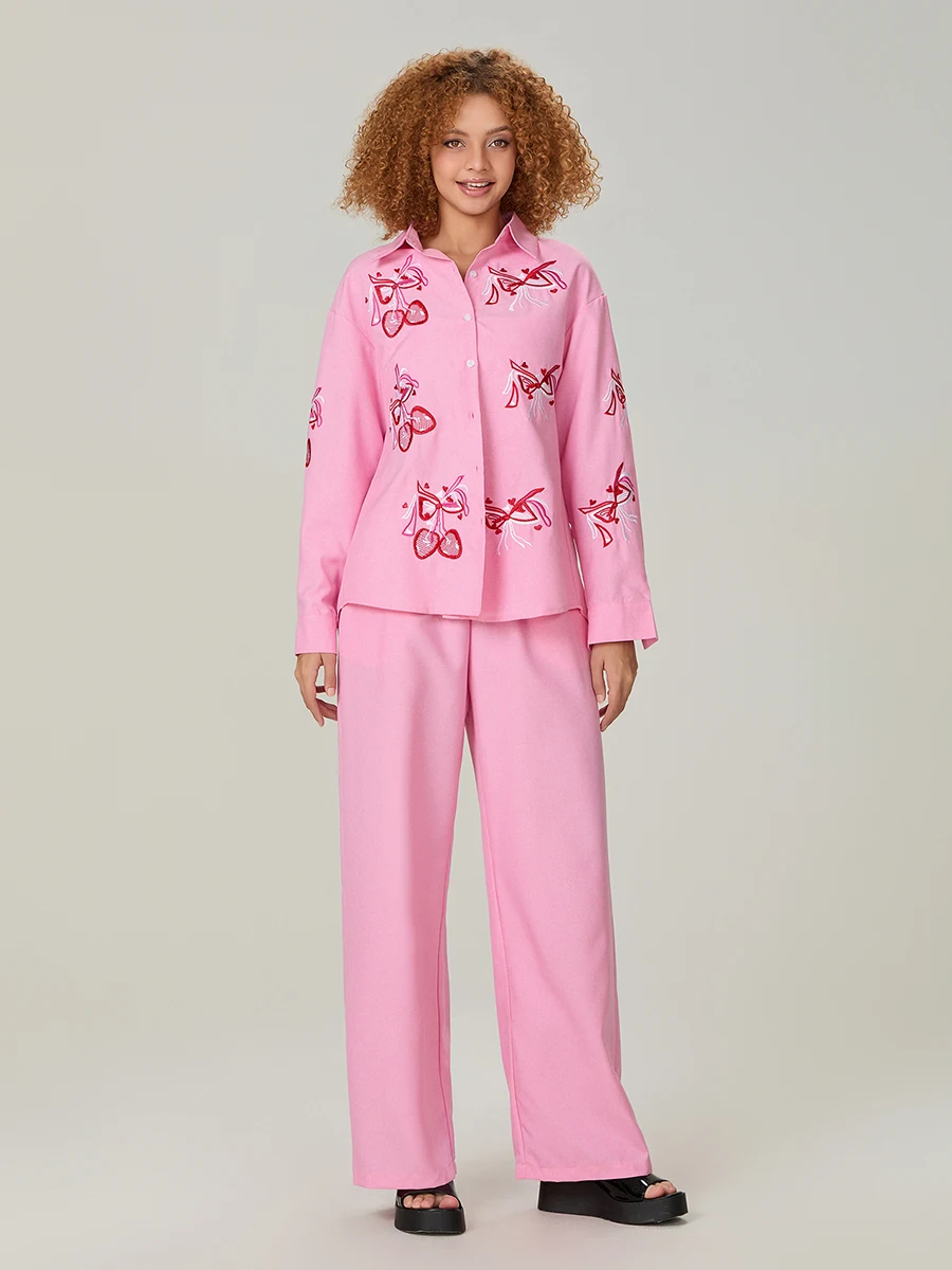 

Women 2 Piece Casual Outfits Elegant Heart Embroidery Long Sleeve Button-Up Shirt Wide Leg Long Pants 2 Pcs Lounge Sets for Fall