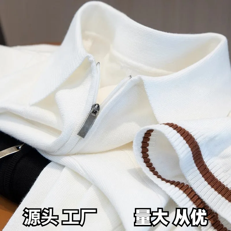 

Light Luxury Summer Thin Ice Silk Knitted White For Men, Short-Sleeved, Slim-Fit, Zippered, Casual Men's Polo Shirt