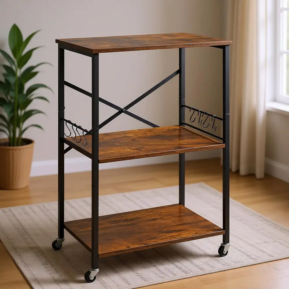 

Трехуровневая подставка для микроволновой печи с металлическим каркасом и крючками, полка для принтера в индустриальном стиле, для хранения или кофейного бара, простая сборка