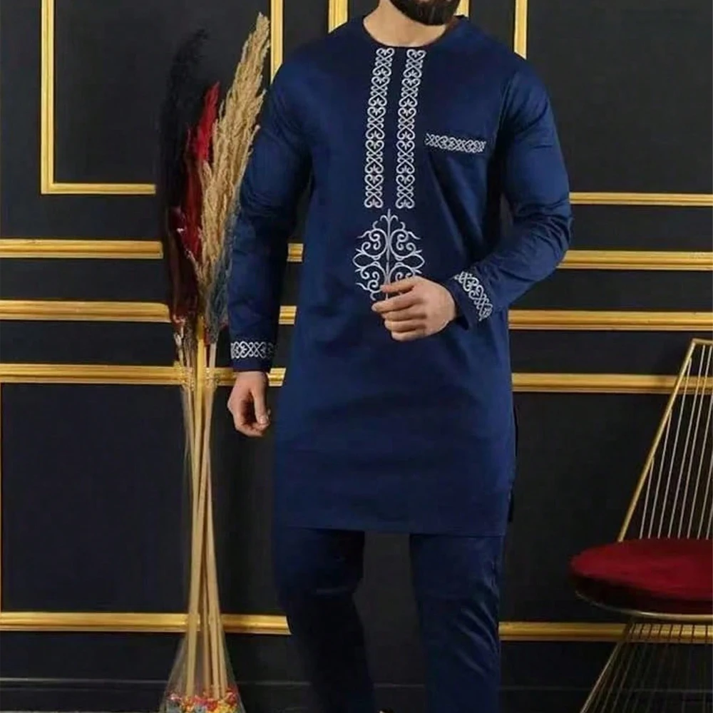Luxurious Men Outfits Kuanda Suits Embroidered Long Sleeve Tops Pants African Ethnic Casual Traditional 2pcs Wedding Party Set