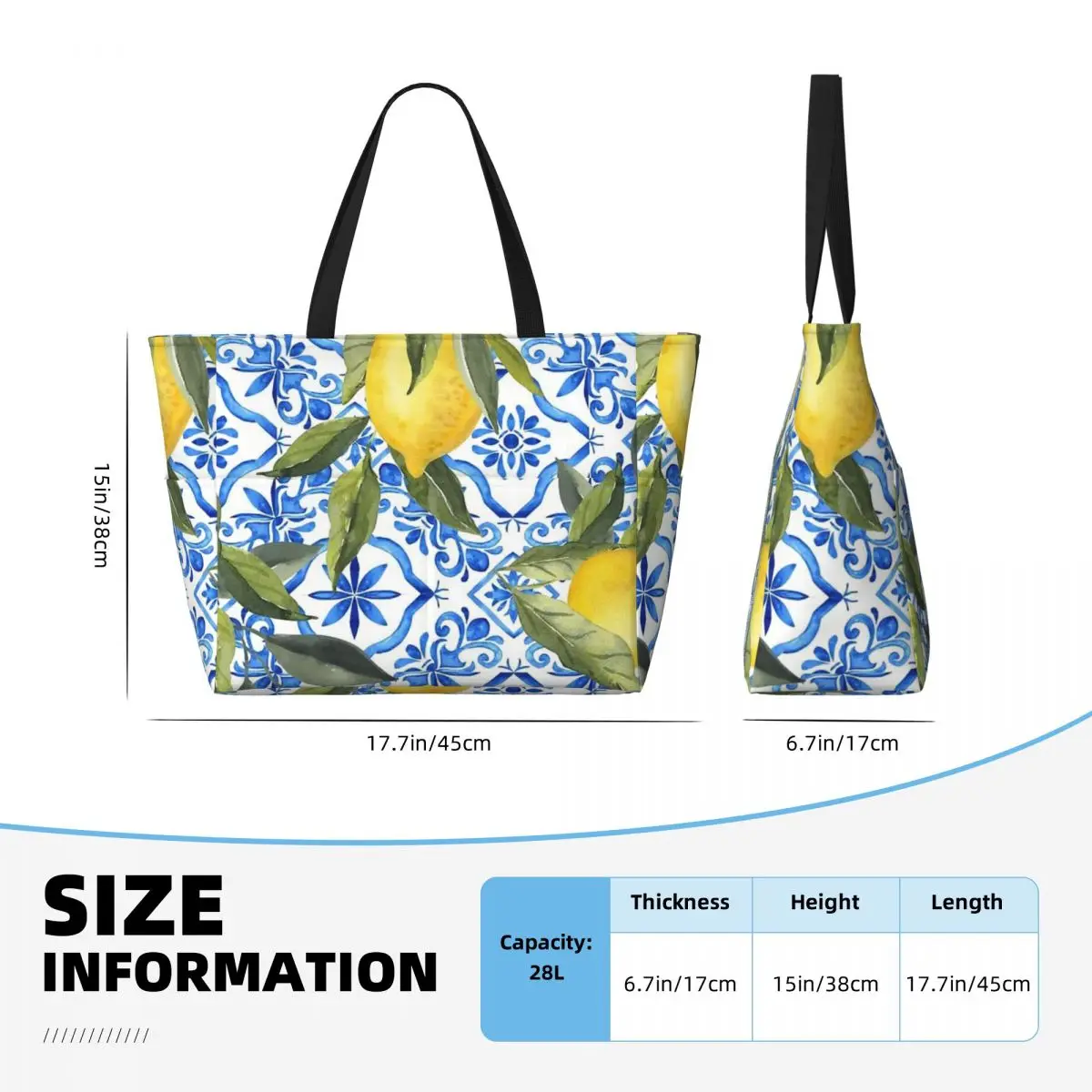 Lemons On Blue Tiles Beach Travel Bag, Tote Bag Modern Adult Daily Birthday Gift Multi-Style Pattern