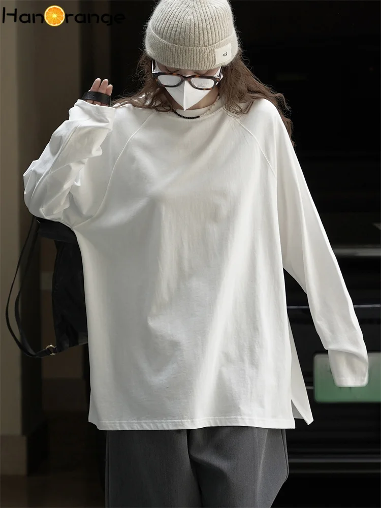 

HanOrange 2025, осенняя минималистичная футболка с длинными рукавами и разрезом, женская свободная повседневная футболка с силуэтом из 100% хлопка, белые/черные/серые