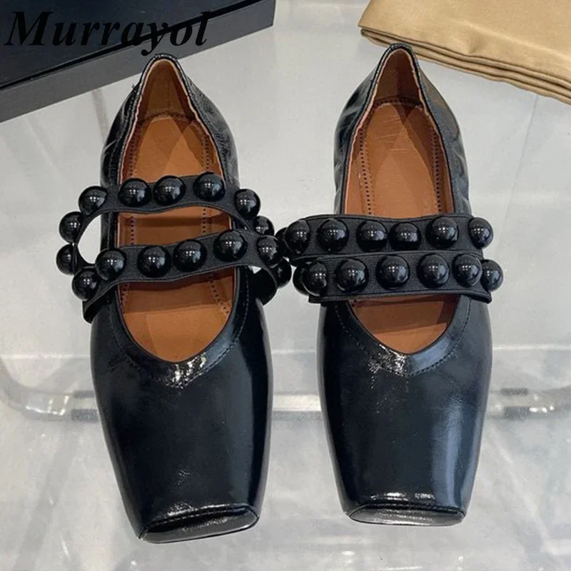 Square Toe Genuine Leather Ballet Shoes Women Circular Rivet Decor Flat Bottom Mary Jane Shoes  Summer Vacation Single Shoes