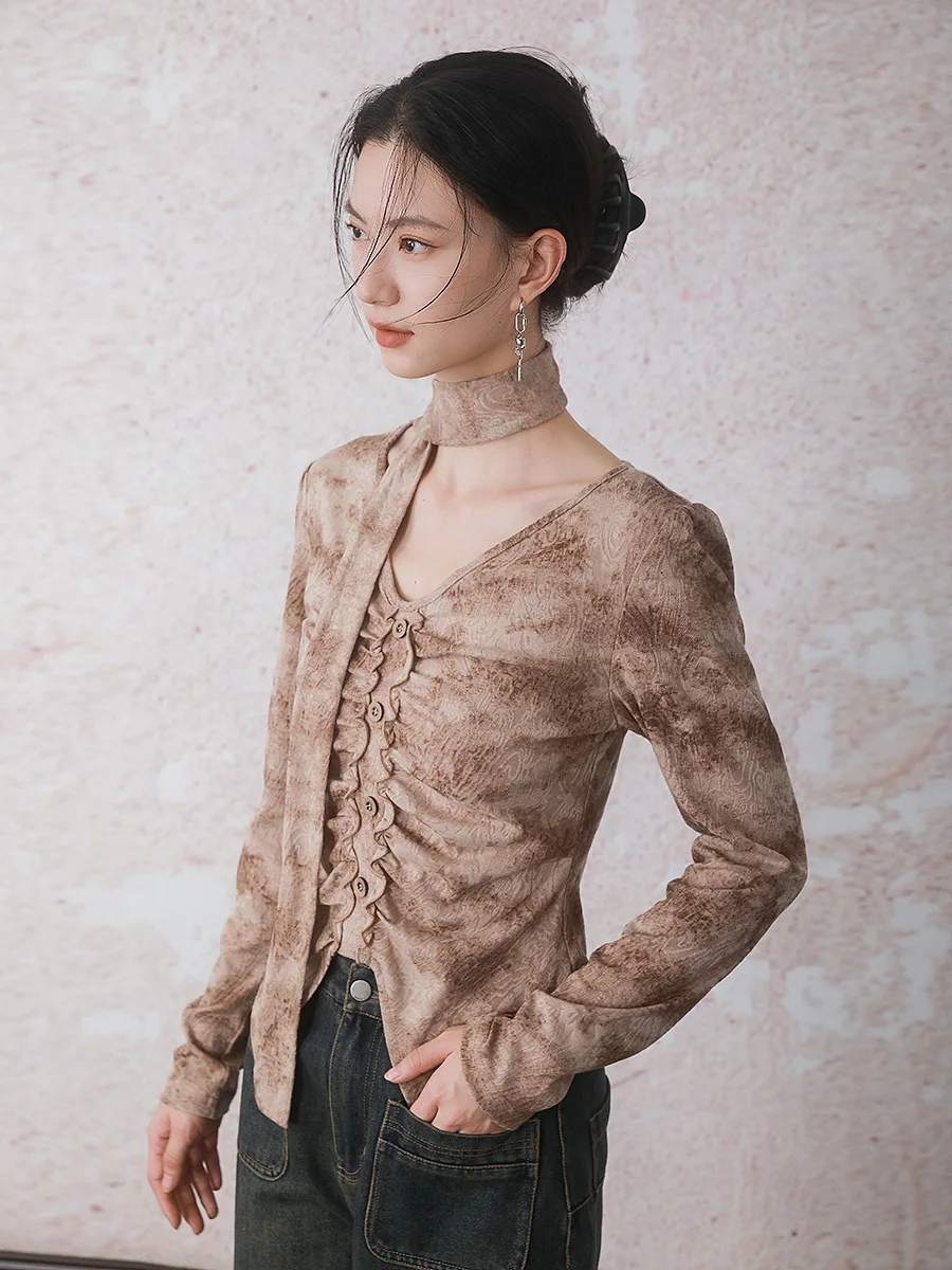 

Женский вязаный топ INGKO Autumn Mist с принтом тай-дай, V-образным вырезом, длинными рукавами и стандартной длиной, в художественном стиле