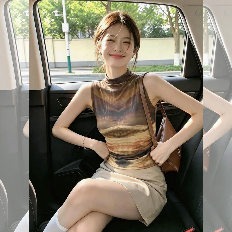 Spicy Girl Halter Neck Sleeveless Vest Print Top Women's Summer OOTD Casual Wear Polyester Fiber round Neck H-Shape Vest