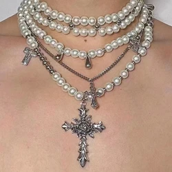 French Vintage Design Floral Cross Faux Pearl Stacking Necklace for Women Y2k Niche Holiday Party Punk Style Jewelry Accessories