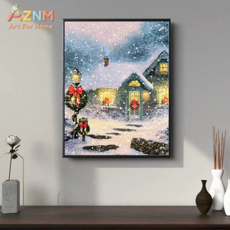 Vintage Snowy Christmas Cottage Canvas Wall Art Winter Snowfall Wreath Lantern Scene Xmas Home Wall Print Unframed Canvas Poster