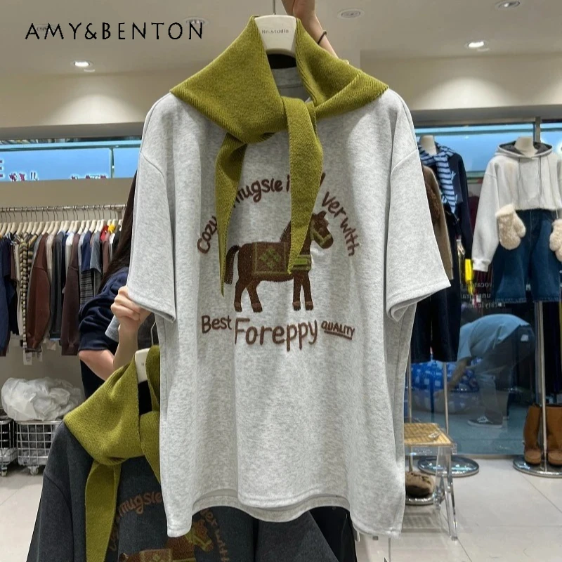 秋の厚手起毛コットンオーバーサイズY2K Tシャツヘビーインダストリー刺繍ルーズロングハーフスリーブボトムシャツレディース