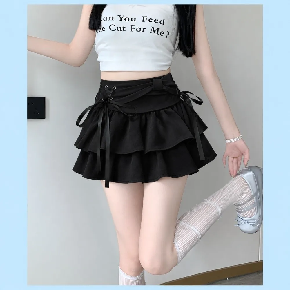 Trendy Bowknot Girl Pleated Skirt Black White Lace Edge Kids Uniform Skirt Pleated Design Lolita Skirt For Teenager