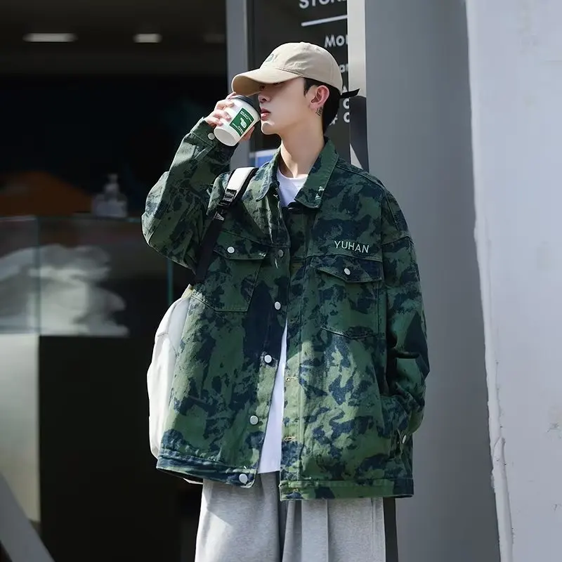 

Ретро-куртка из денима в американском стиле с эффектом тай-дай и потертостями, весенне-осенняя, повседневная, универсальная, в стиле рабочей одежды, верхняя одежда для уличного стиля