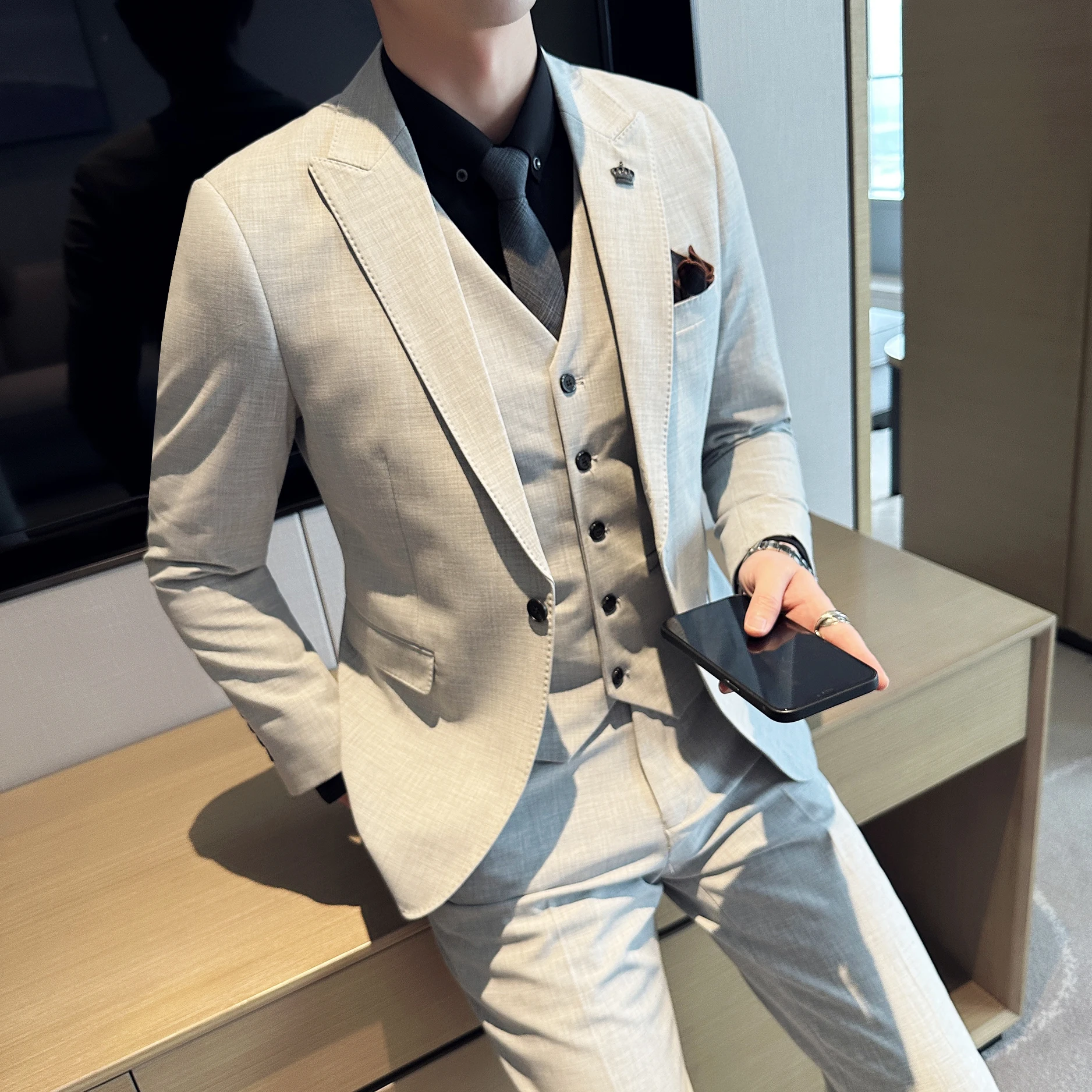 (Blazer+Pants+Vest) Luxury 3 Piece Men\'s Wedding Suit Fashion Men\'s Slim Fit Jacket Business Office Suits Sets Large Size 4XL