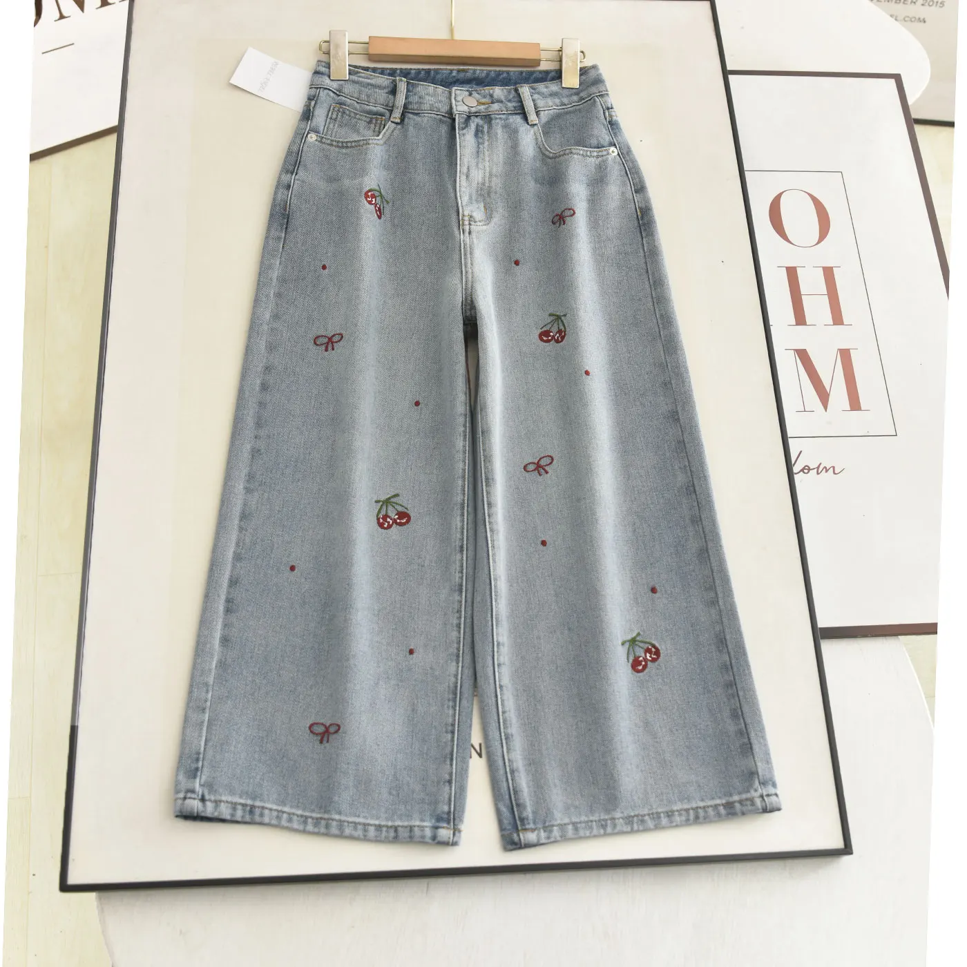 

High Waist Wide Leg Cherry Embroidery Denim Jeans Women's Faion Slimming Straight Cut Pants Spring Season Ladies' Loose Fit