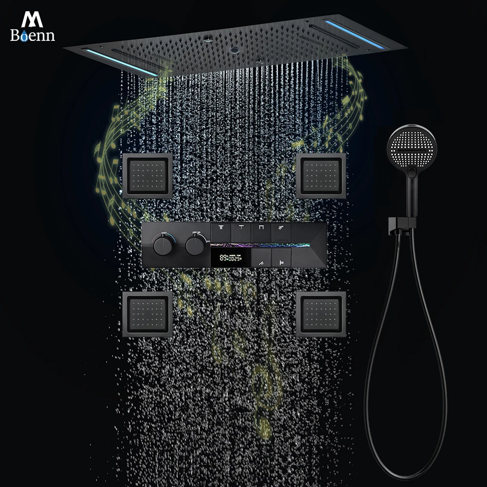 M Boenn Matte Black Shower Set System Bathroom Faucet Smart Thermostatic Mixer Ceiling 4 Functions Shower Head Massage Body Jet