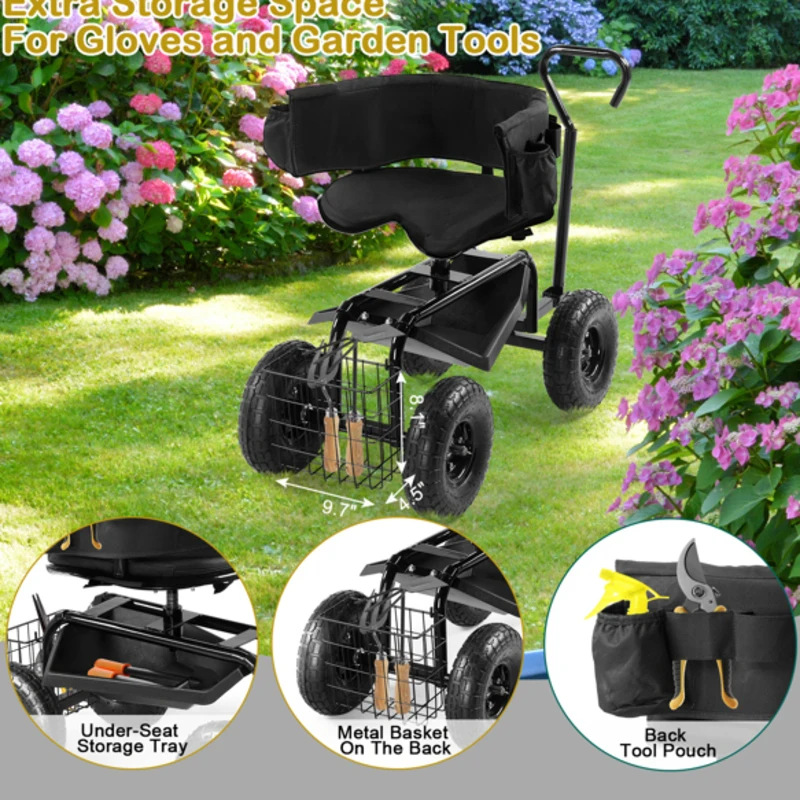 

360° Swivel Gardening Cart with Cushioned Seat Tool Tray -Outdoor for planting Stool with Steering Handle Black Ultimate Comfort