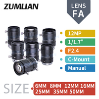 ZUMLIAN FA 1/1.7 Inch HD 12MP 6mm 8mm 12mm 16mm 25mm 35mm 50mm Fixed Focal Length C Mount Machine Vision Camera Lens Manual Iris