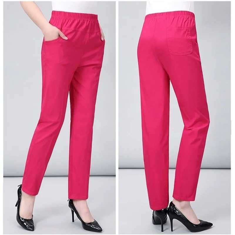 Spring Summer Women's Pants New Solid Elastic High Waist Casual Pants Middle-aged Elderly Female Nine-Point Straight Pants