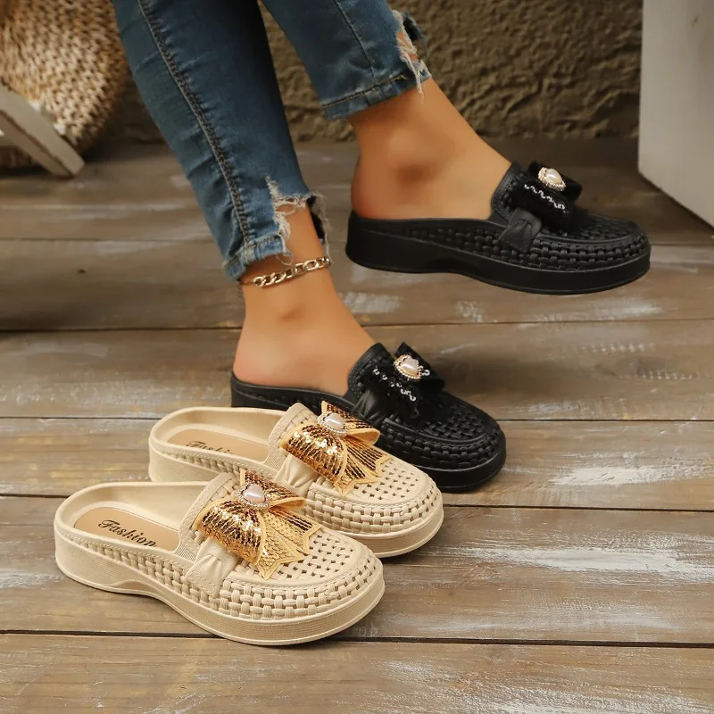 Summer New Simple Hollow Out Casual Wedge Women's Sandals 2026 Fashion Bow Decor Closed Toe Thick Soled Women Sandalias De Mujer
