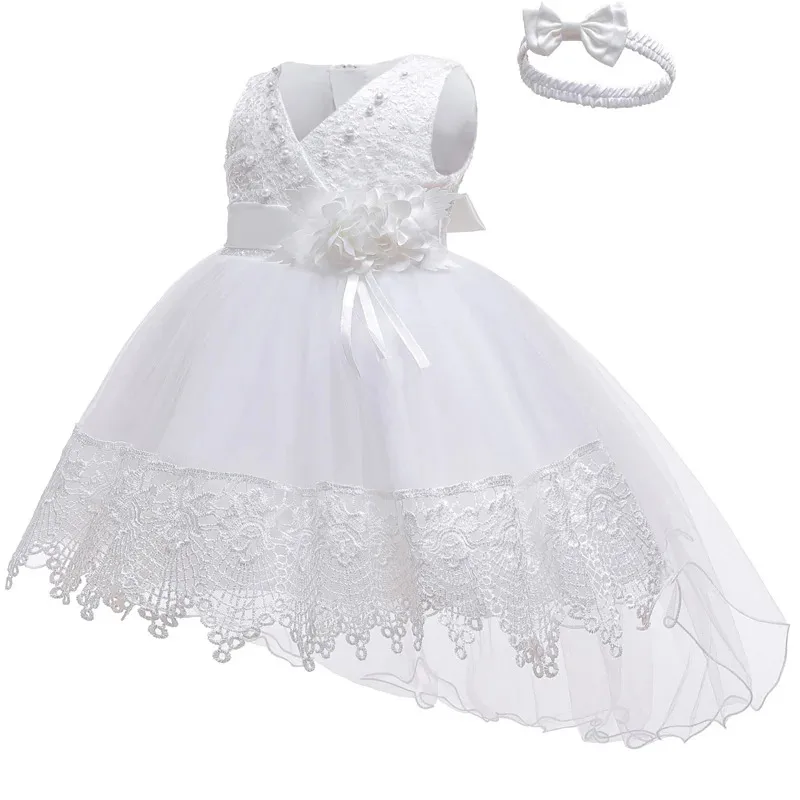 

Infant Baby Girls First Year Birthday Appliques Princess Dress+Headband Newborn Christening Kids Baptism Wedding Party Clothes