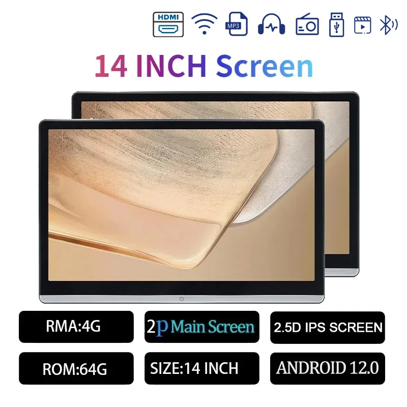 13.3/14 "Auto Hoofdsteun Monitor Display IPS Android 12 2G + 32G/4G + 64G/8G + 128G Touchscreen Voor Auto Achterbank Speler Dual HDMI Muziek