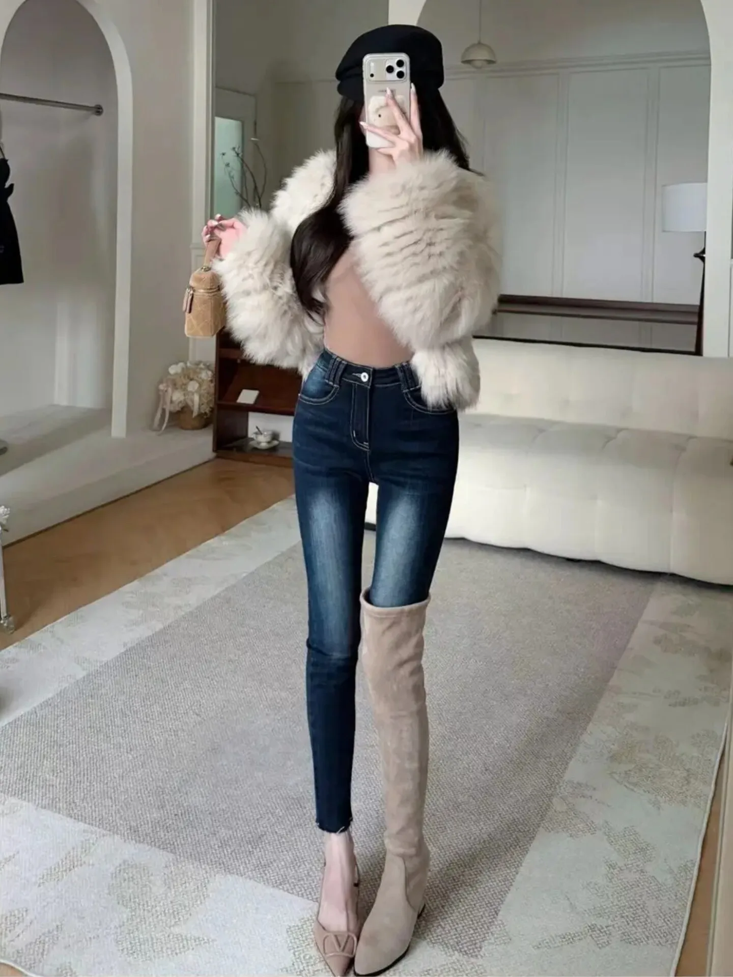

High Waist Cotton Stretchy Women's Jeans Slim Fit Nine Points Pencil Leggings Spring Faion Korean Sle White Waed