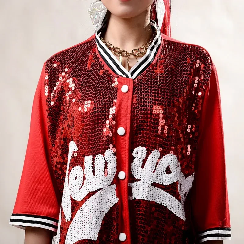 Women sequin hip hop clothing clothes jacket tops shirt adult jazz dance costume ballroom dancing streetwear