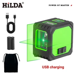 HILDA 2 linie Mini Laser poziome samopoziomujące zielone wiązki laserowe poziome i krzyżujące się pionowo ładowanie USB