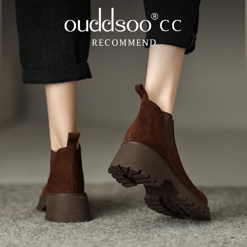 

Ods Women Ankle Boots Round Toe Thick Heels Cow Suede Leather Autumn Winter Concise Office Lady Working Basic Shoes Woman 40 41