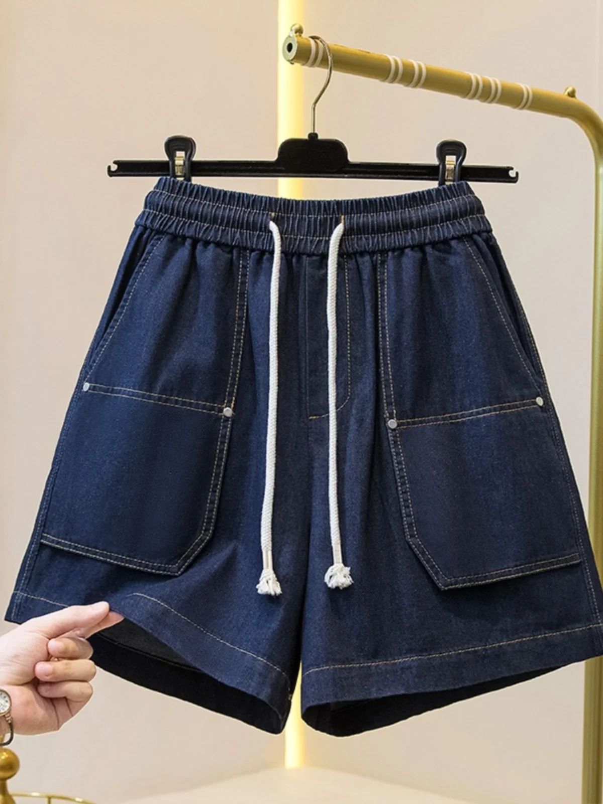 

plus Size Women's Denim Shorts Summer New Design Deep Blue Drawstring Five-Quarter Pants High Waist Wide Leg Casual Jeans
