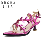 ORCHA LISA 2025 New Brand Design Women Sandals Pointed Toe Sweet Elegant Flower Leaf Silver Gold Rose Orange Big Size 44 45 46