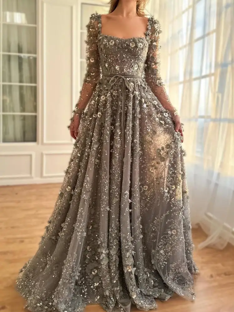 AA21 Customized Elegant Arabic Prom Dresses Long Sleeve 3D Flower Beads Women Formal Occasion Dress Birthday Party Evening Gown