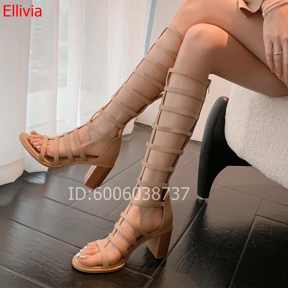 Women Nude/black Gladiator Knee High Sandals Multi Straps Open Toe Chunky Block Heel Back Zipper Summer Party Fashion Sandals