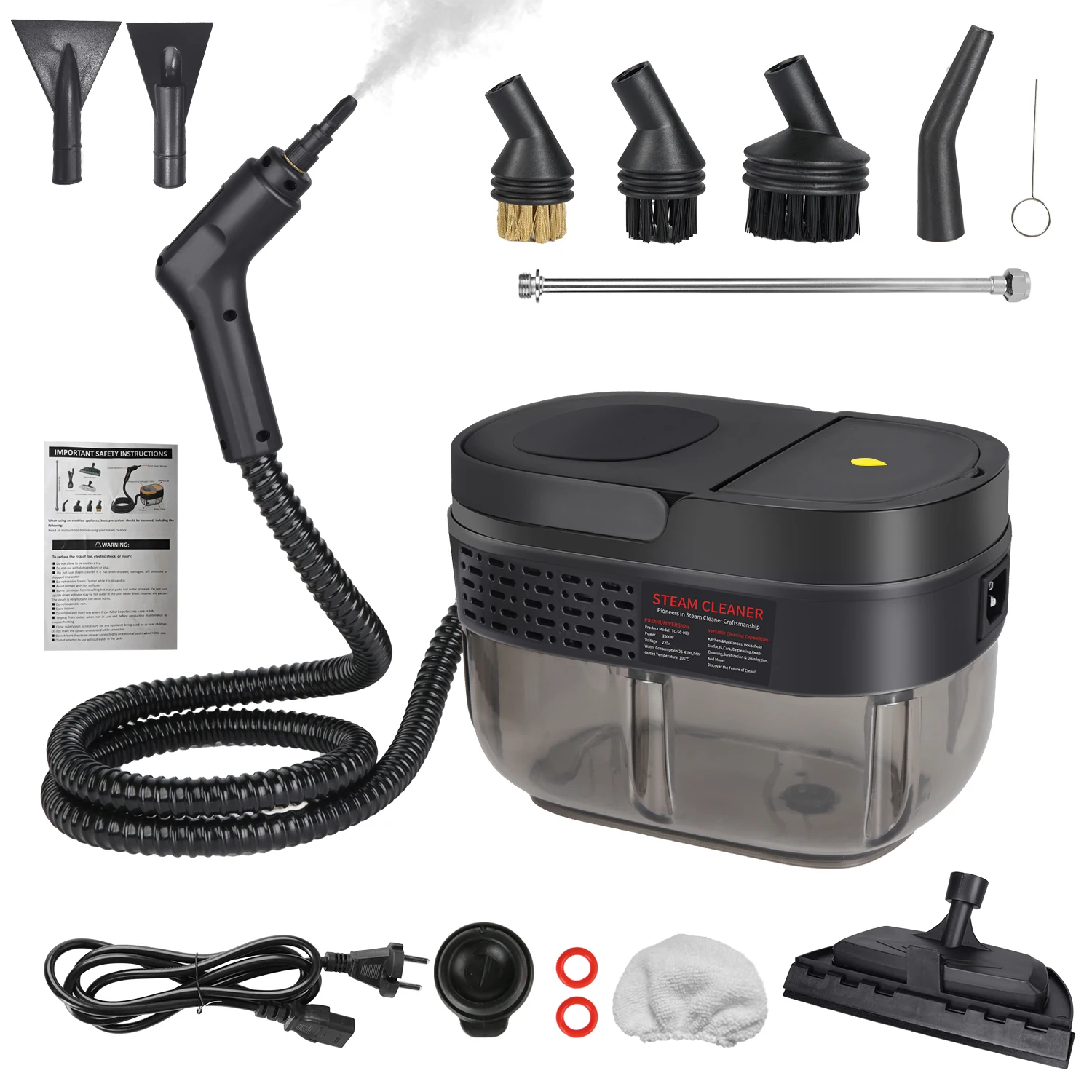 Handstoomreiniger, 2500W 3BAR 100 ° Snelle verwarming, 1600 ml grote watertank, 3 verstelbare stoomniveaus voor badkamer, tegelvoegen, vloer, auto-interieur