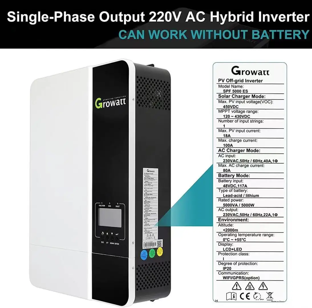 Growatt SPF 3500ES 5000ES Inverter 3.5kw 5kw 10kw 15kw 20kw 30kw 48v 230v 400v Off Grid Hybrid Solar Power 