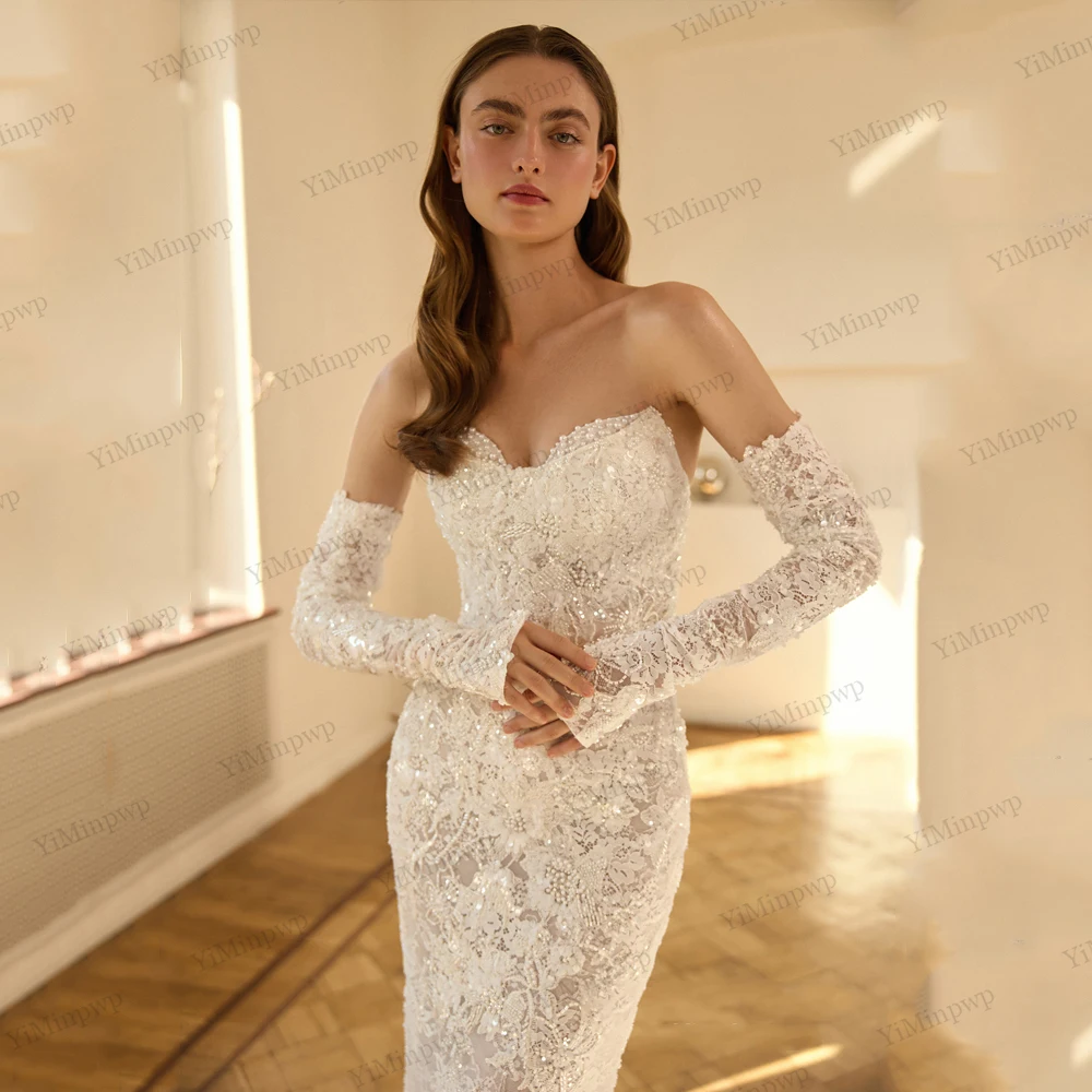 فساتين زفاف مخصصة مطرزة بأكمام قابلة للانفصال مزينة بالترتر بدون ظهر حورية البحر فاخرة فيستدوس دي نوفيا 2026 مخصصة #3