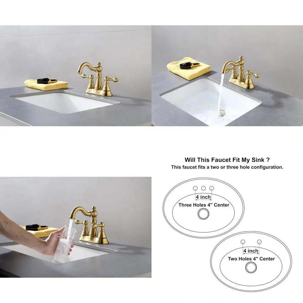 

3-Hole Brushed Gold Bathroom Faucet with Plastic Overflow and Swivel Spout, 4 Inch Centerset, Compliant with cUPC, NSF/ANSI 61-9