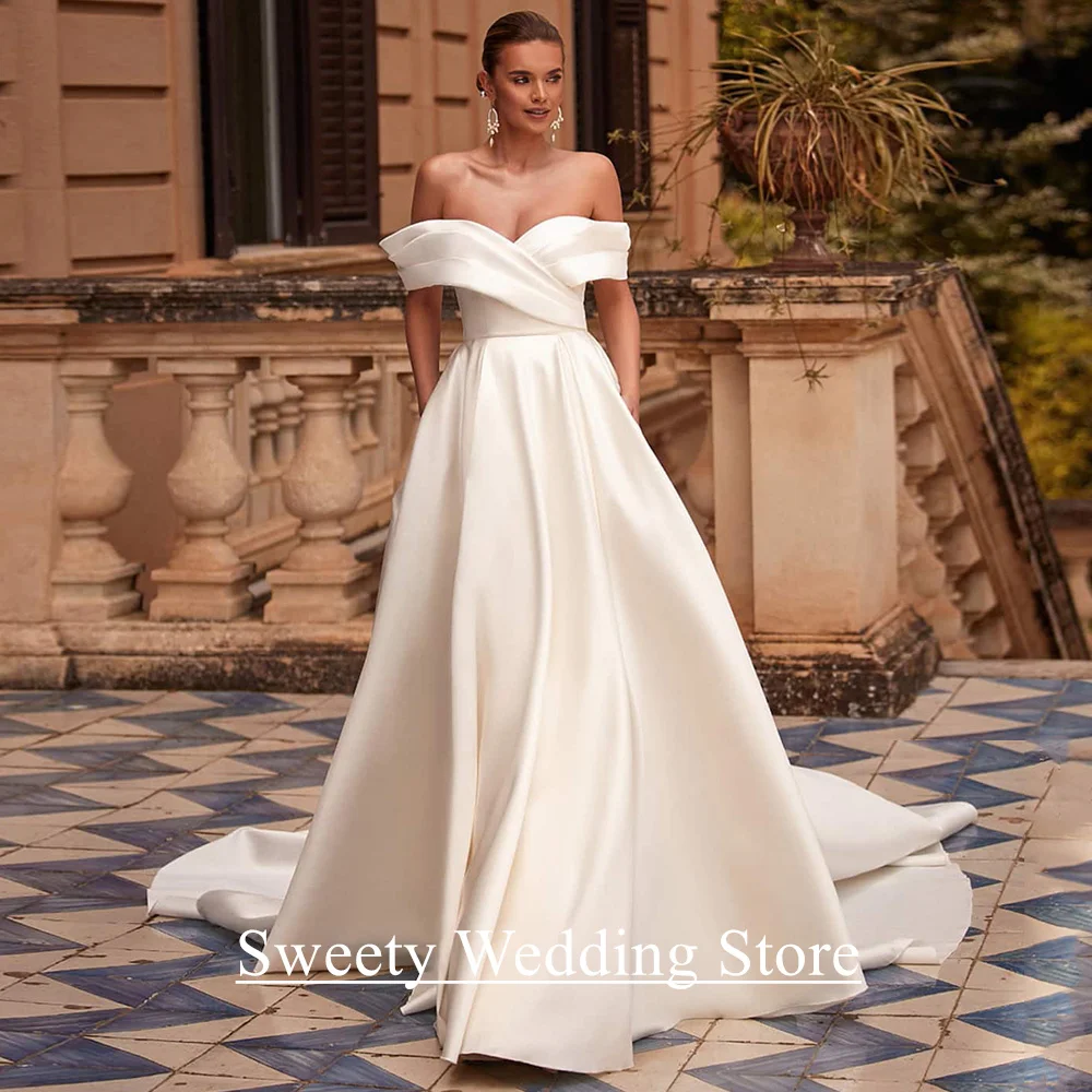 

Elegant Wedding Dress Customized V Neck Off The Shoulder Draped Skirt Sweep Train Backless A Line Bridal Gown Bride Dresses