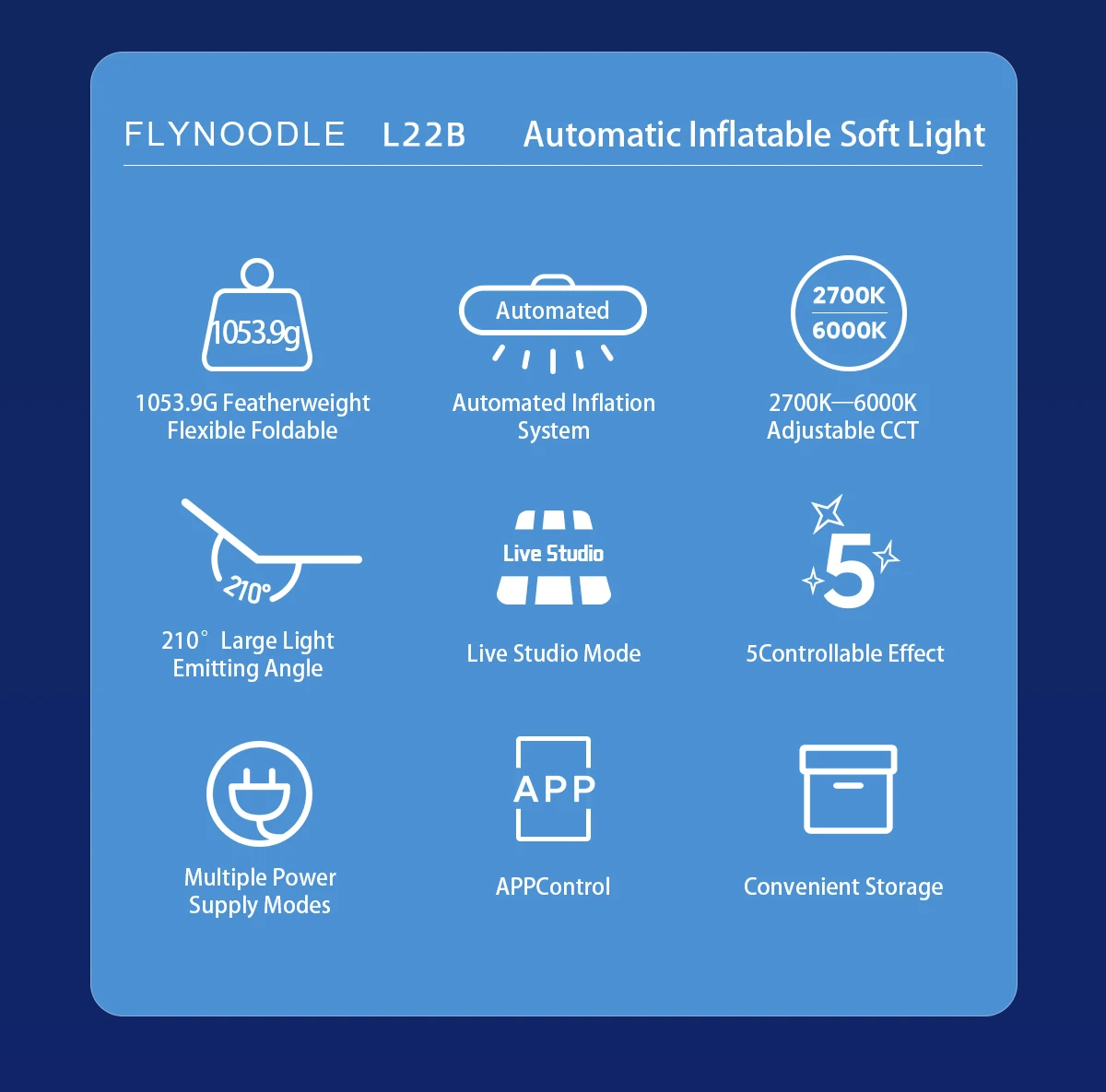 FlyNoodle L22B ضوء ناعم قابل للنفخ أوتوماتيكي بالكامل 2700K-6000K استوديو صور ضوء APP التحكم في كاميرا الفيديو الخفيفة