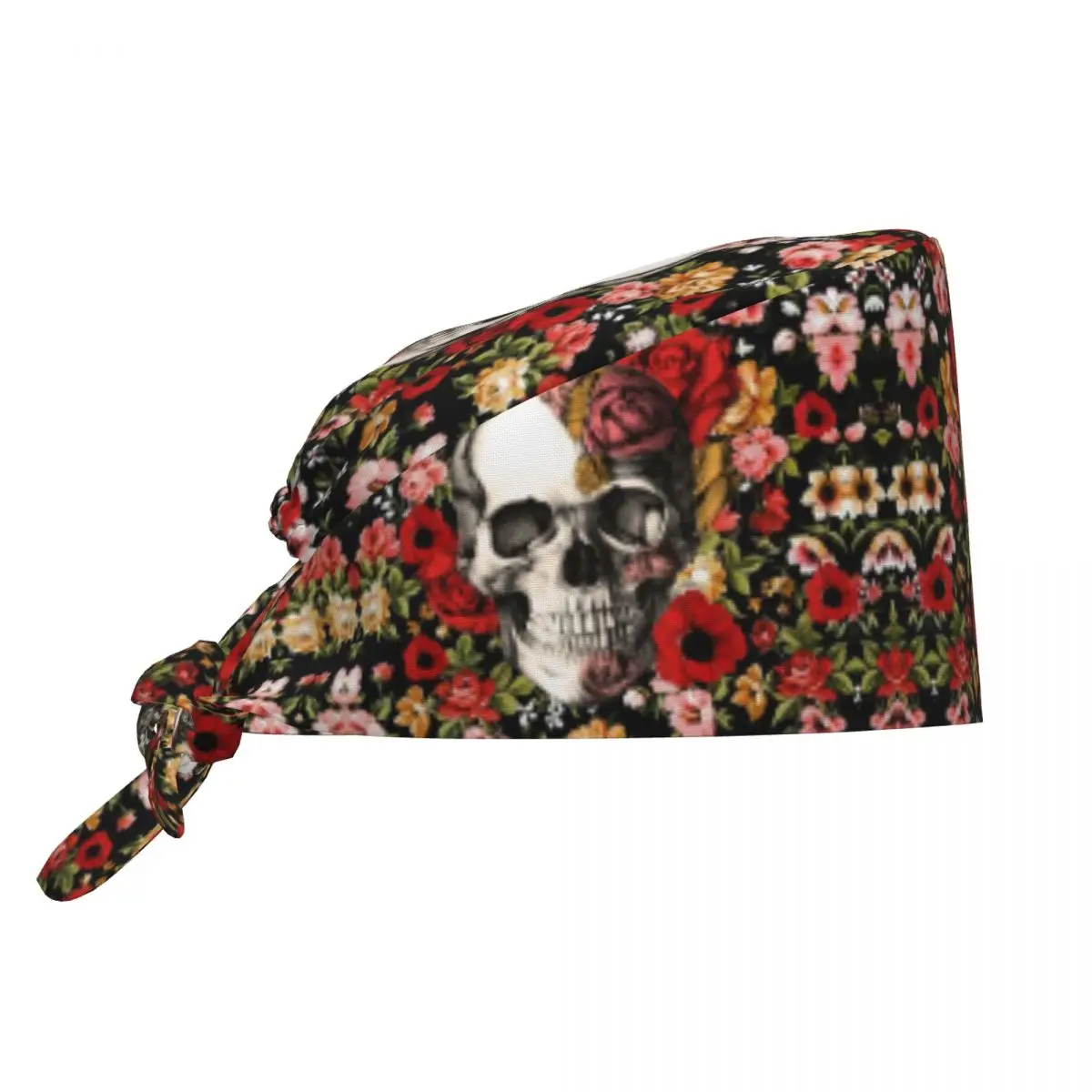 

Skull With Roses Daisies Scrub Hat Surgical Scrub Caps Unisex Nursing Hair Hats Sugar Skull Work Scrubs Hat for Medical Surgical