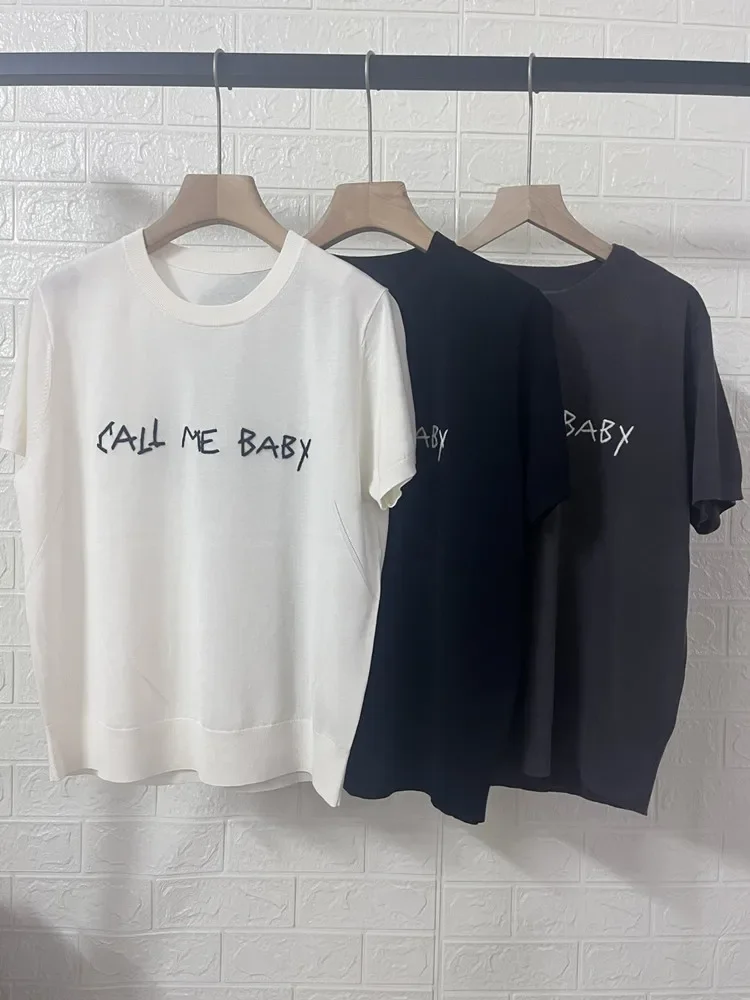 Solid Color Women Embroidery Letter Short Sleeve O-Neck Knit Tshirt Summer All-Match Knitted Tee