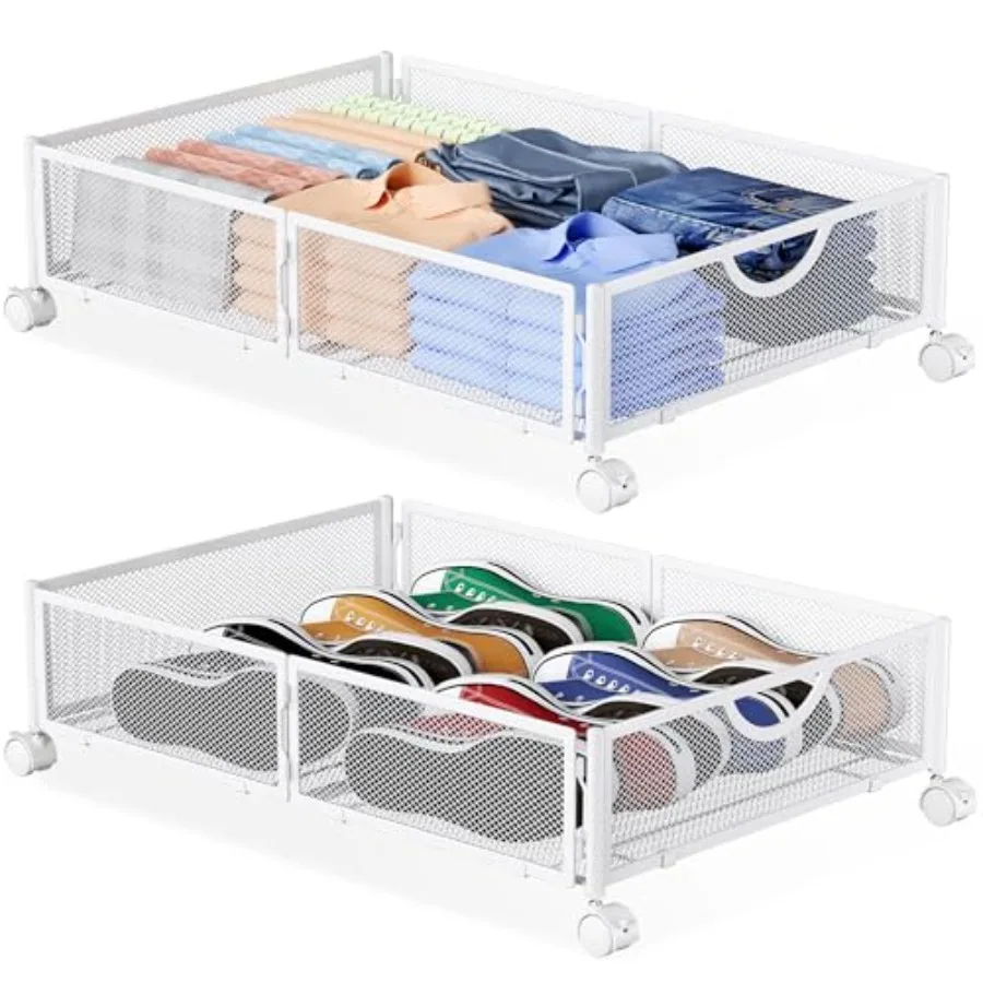 

with Wheels, Under Bed Shoe Storage Organizer Drawer, Tool-free Assembly Metal Underbed Storage Containers for Clothes, Shoes