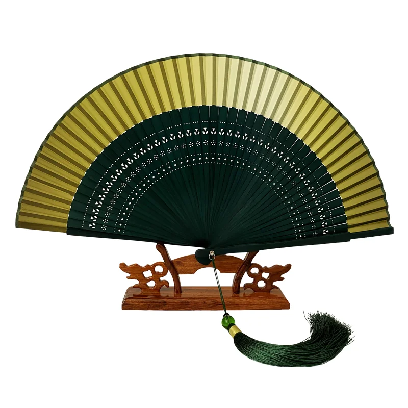 Folding Fan Chinese Style Real Silk Female Fan Small Ancient Style Portable Gradient Blank Fan Golden Green Summer