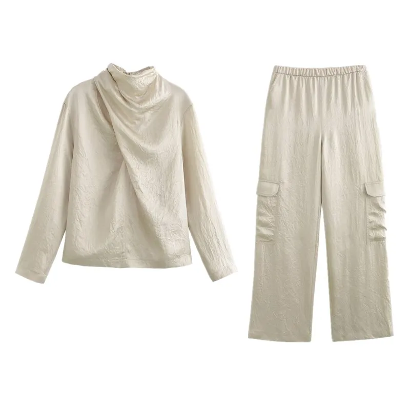 

Новинка 2024, женские модные шелковые атласные длинные брюки с высокой талией, сложенный топ, универсальная качественная осенняя коллекция 893592