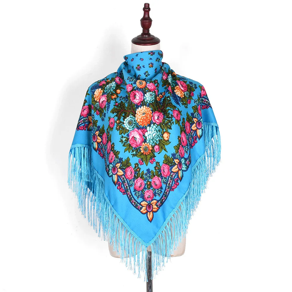 Russian Scarf Shawl Women Head Wrap Hijab Babushka Ukrainian Scarves Square Blanket Tassel Retro Handkerchief 110cm Fringe Scarf